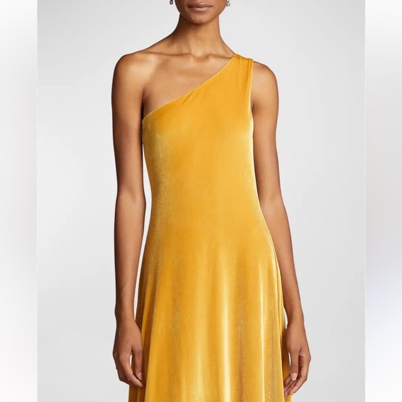 Polo Ralph Lauren gold yellow velvet one shoulder velvet dress midi cocktail NWT - Picture 3 of 11